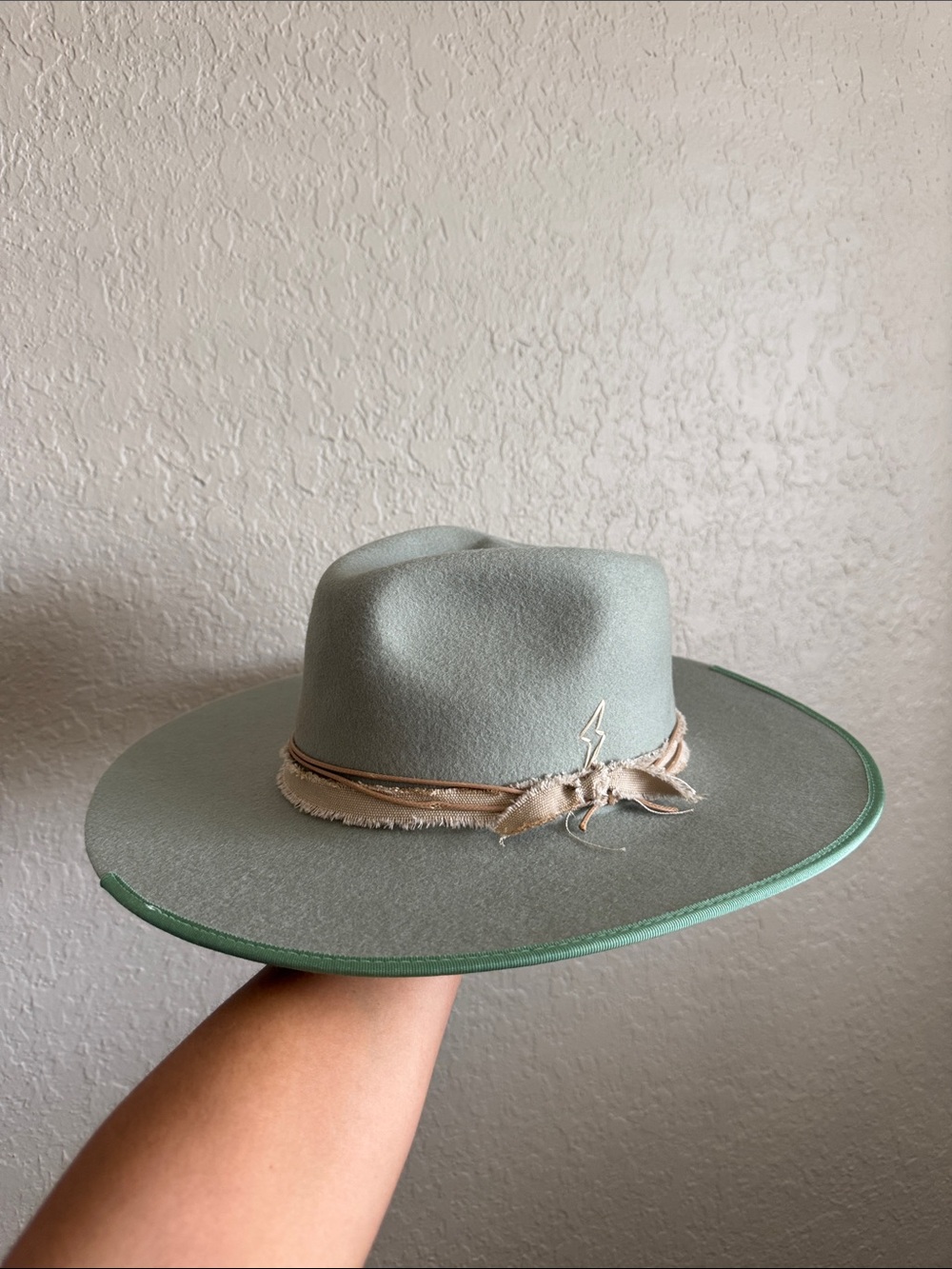Wide Brim Felt Hat in Sage Green with Fringe Band